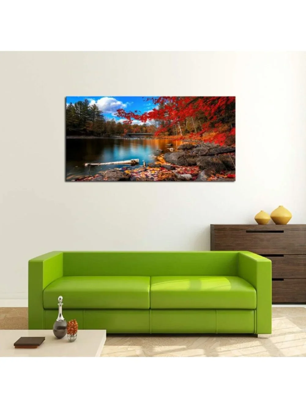 Lake Mountain Canvas Wall Art - Red Maple Leaf Nature Decor for Living Room